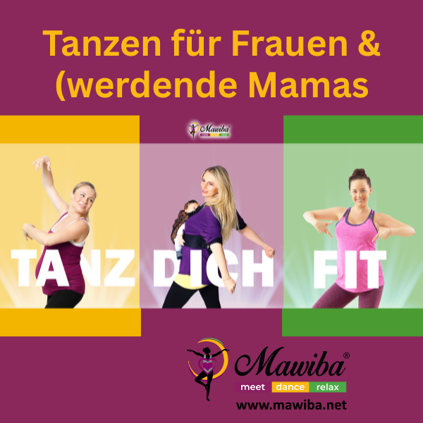 Frauen, davon eine Schwanger und eine mit Baby in der Trage tanzen.