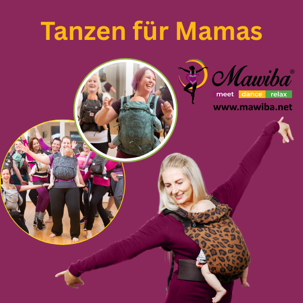 Fröhliche Mamas tanzen gemeinsam mit ihren Babys in der Trage beim MAWIBA-Kurs in Dresden bei Mamutra.